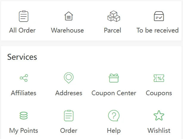 Lovegobuy account shortcuts for orders, warehouse, parcels and Help