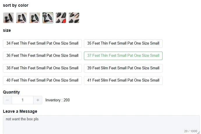 Lovegobuy product options with colour thumbnails, shoe sizes, quantity and a note field