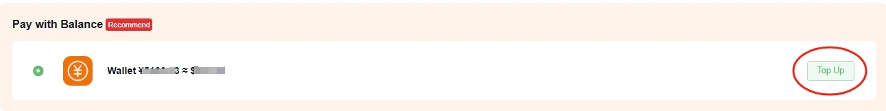 A payment row reading Pay with Balance with a masked wallet figure and a red circle drawn around a Top Up control