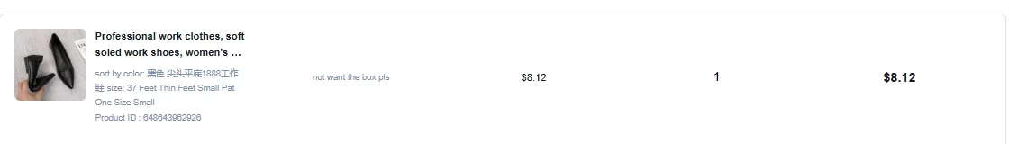A single row of an order confirmation table: a product thumbnail, a translated title, a unit price, a quantity, a local delivery fee and a shop total