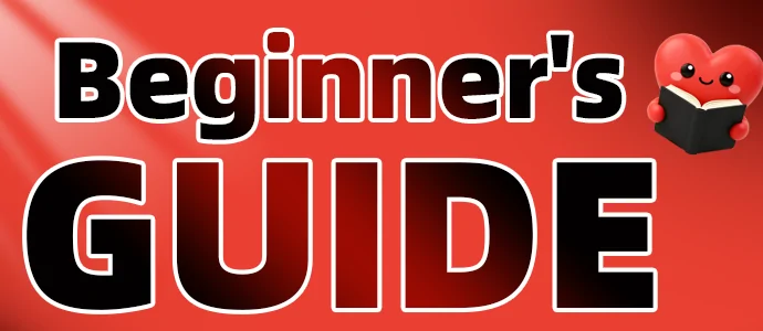 A red banner reading Beginner's GUIDE in large outlined letters, with a cartoon heart mascot reading an open book and scattered confetti