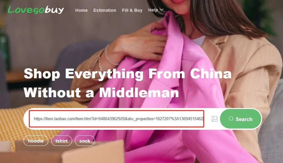 A home page with a green wordmark, a headline about shopping from China without a middleman, a search field holding a pasted product address, a camera icon inside the field, a green Search button, and three suggestion chips