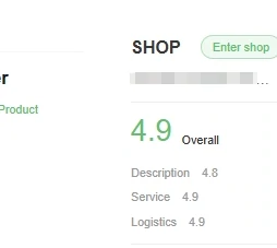 A narrow panel headed SHOP with an Enter shop button, a large 4.9 marked Overall, and three smaller rows underneath reading Description, Service and Logistics, each with its own score