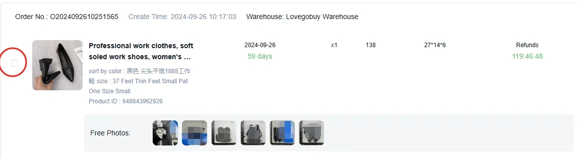 Warehouse item row with inspection photo thumbnails and storage and return countdowns