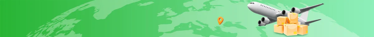 A wide green strip showing a stylised world map with a white airliner, three orange parcels and an orange location pin