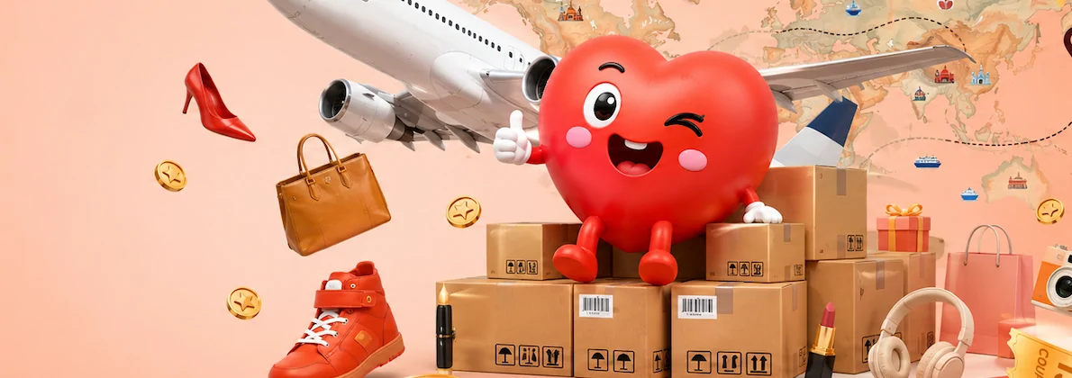 Illustrated hero artwork: a white airliner over a dotted route on a world map, a cartoon heart mascot sitting on stacked cardboard parcels, and scattered goods including a shoe, a handbag and a camera